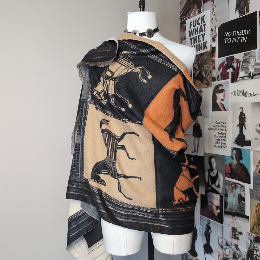 Equestrian Horse Print Fringe Scarf Wrap